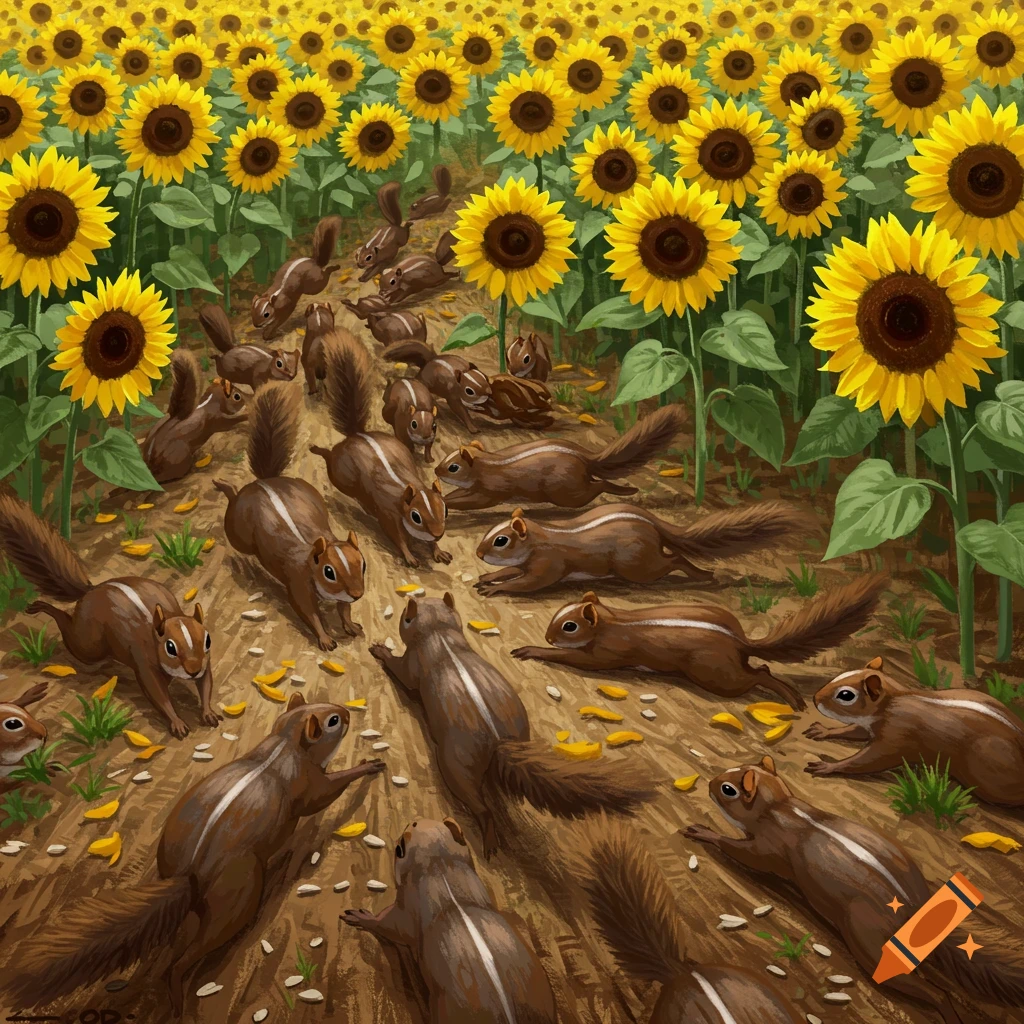 many chipmunks running through a field of sunflowers.
