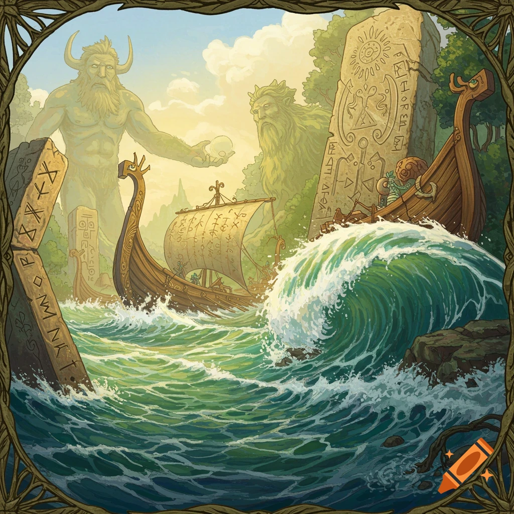Viking ships at sea with giants and rune stones, framed by roots.