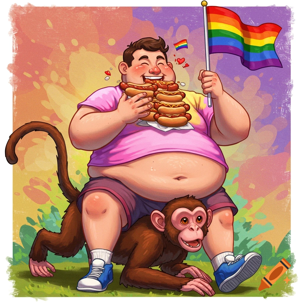 A man eating hot dogs while riding a monkey and holding an LGBTQ+ flag.