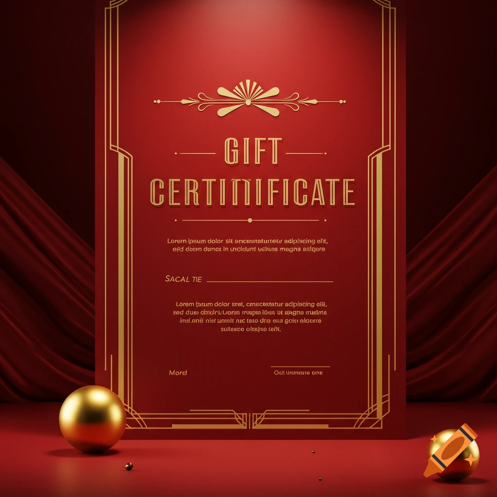 Red and gold art deco gift certificate with decorative frame