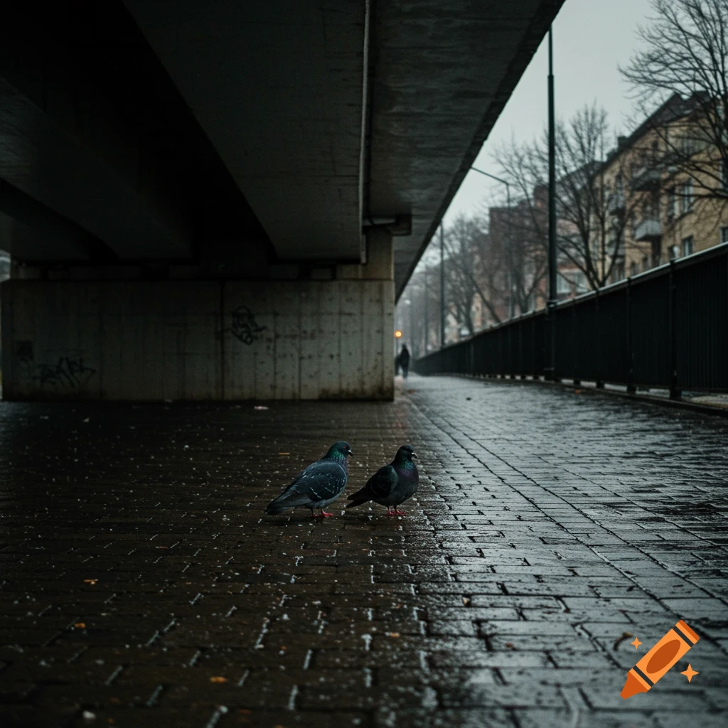 Two pigeons stand under a concrete bridge on a wet brick sidewalk on a rainy day. A person walks in the distance.
