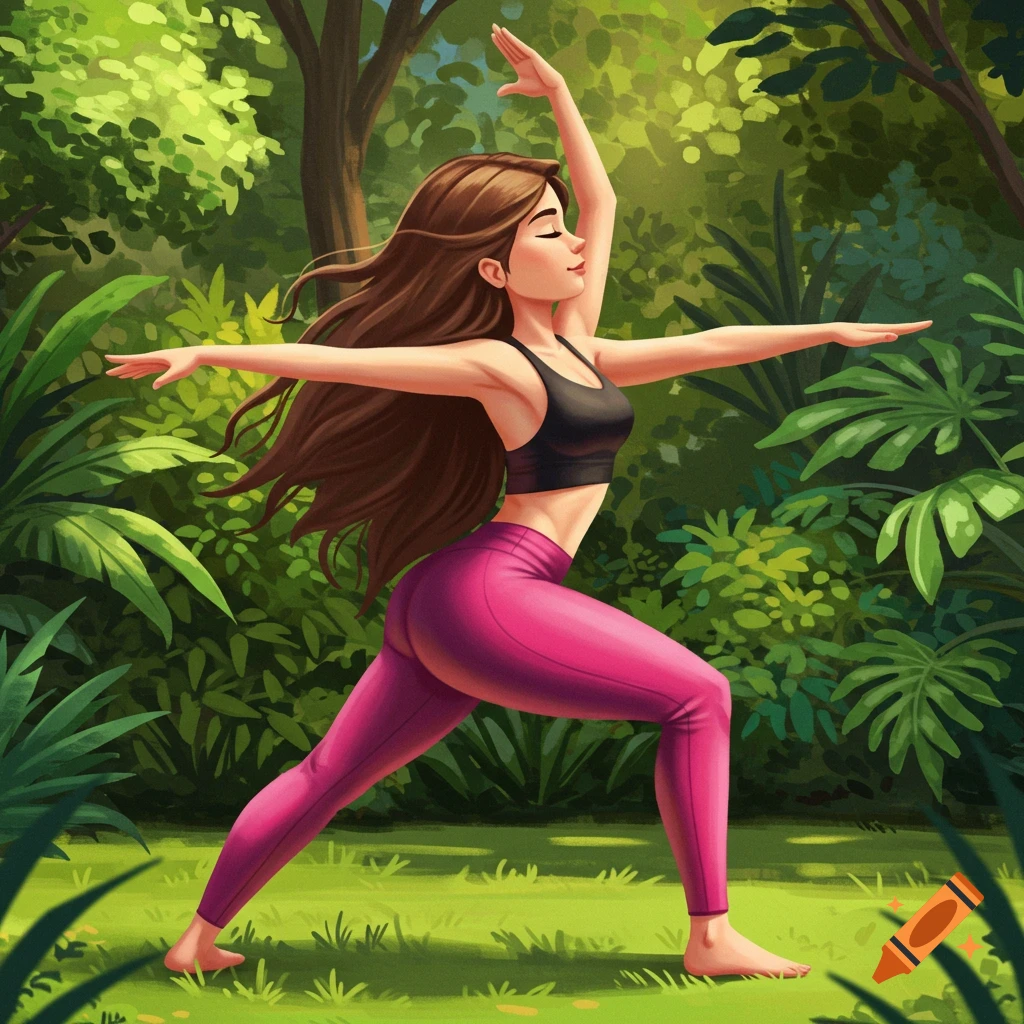 A woman in a sports bra and leggings is doing yoga in a lush green jungle.