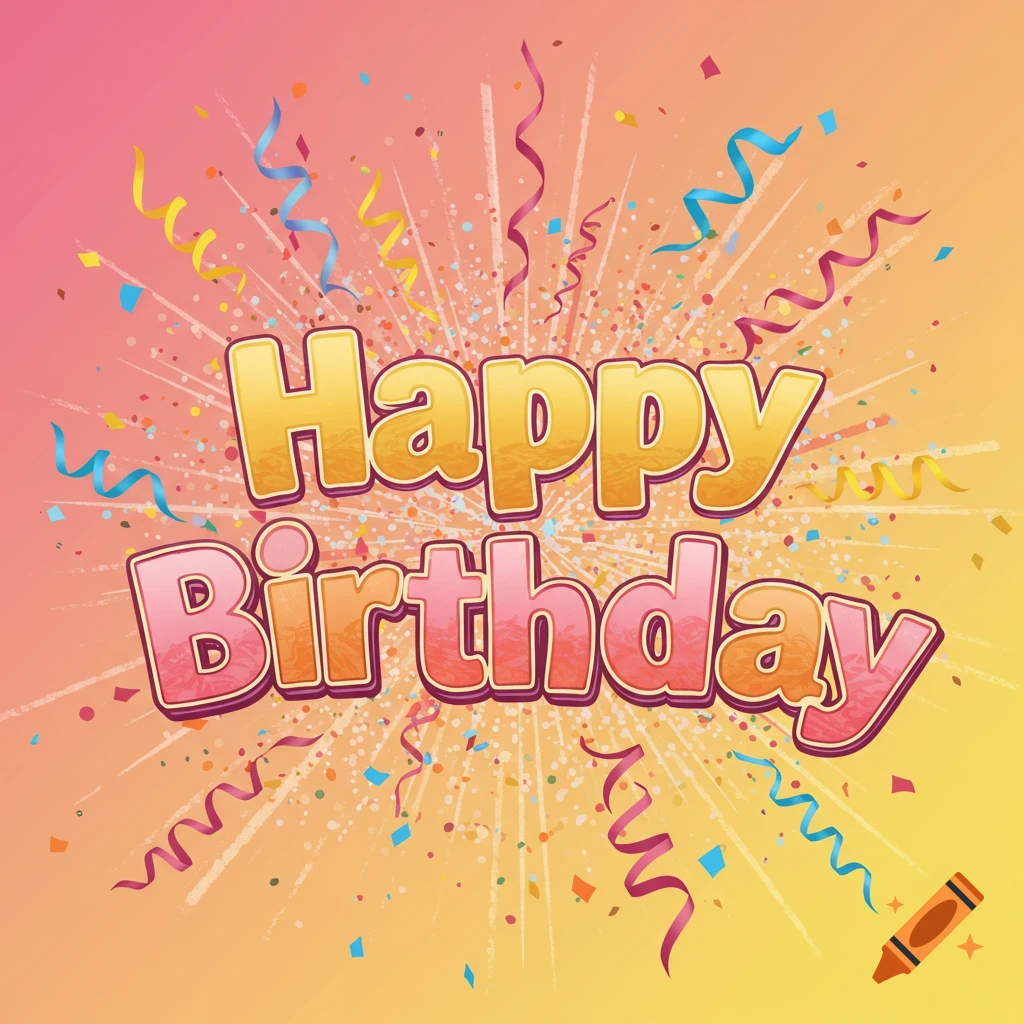 Happy Birthday text with confetti and streamers
