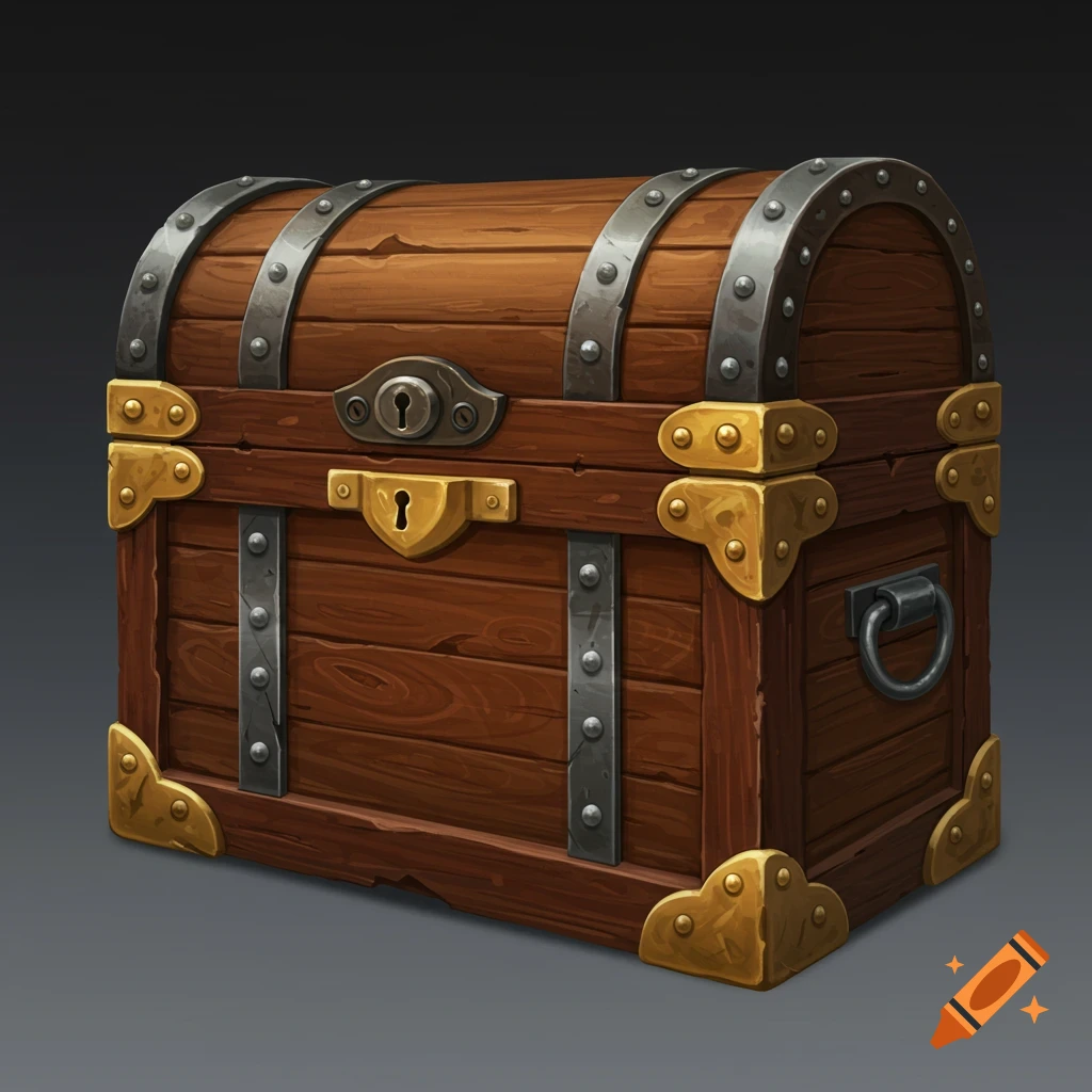 A wooden treasure chest with metal and brass details.
