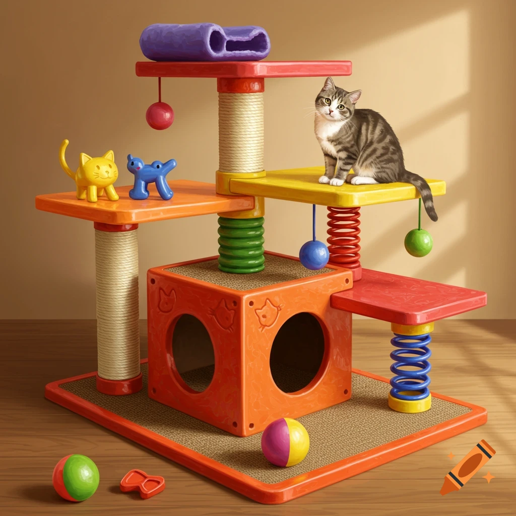 A tabby cat rests on a colorful plastic cat tree adorned with various toys.