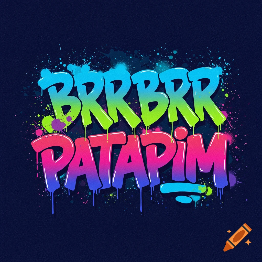 Stylized text "BRRBRR PATAPIM" in green, blue, and pink spray paint effect with drips and splatters on a dark background.
