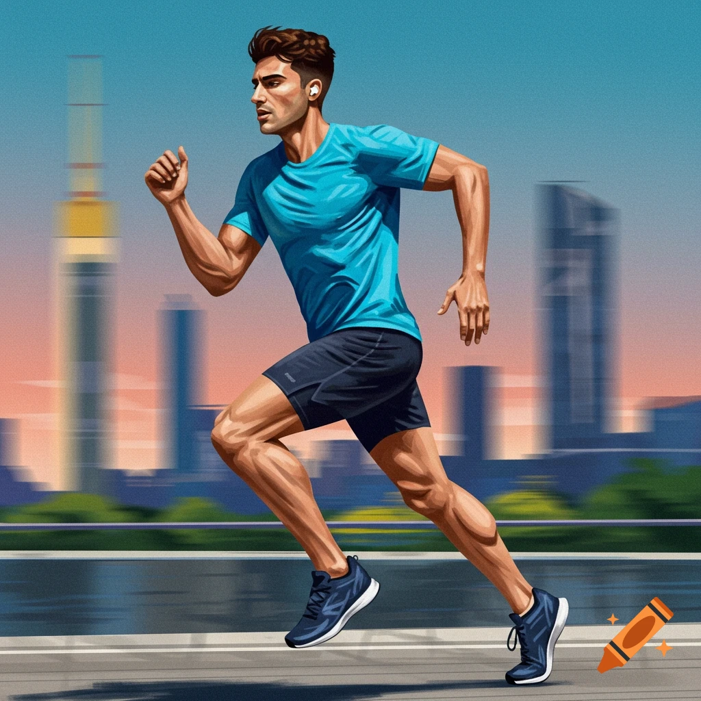 A man running past a city skyline.
