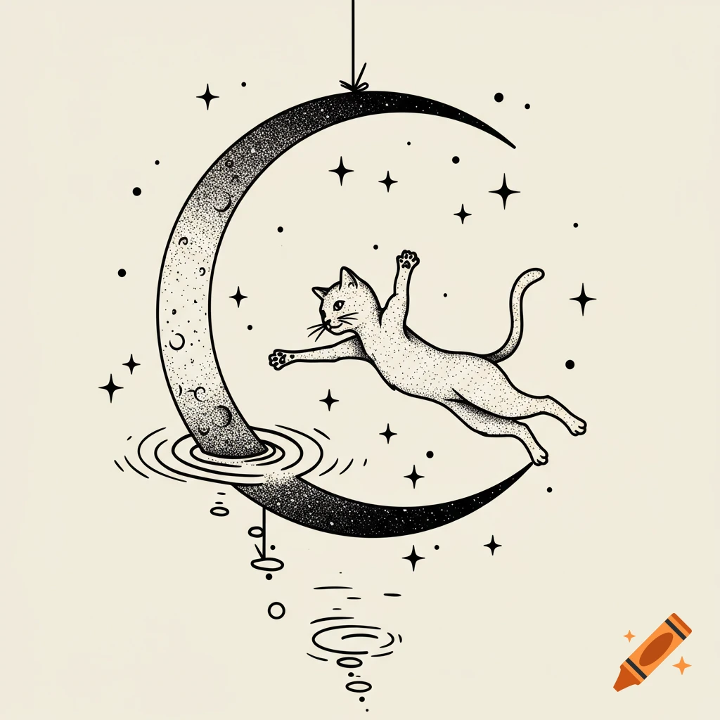 Tattoo illustration of a cat leaping onto a crescent moon with stars and water ripples
