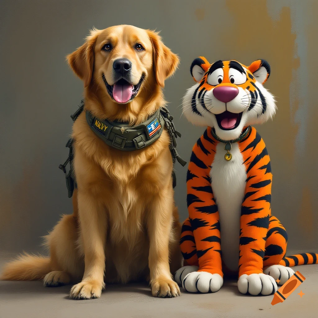 A Golden Retriever in a tactical collar sits next to a cartoon tiger mascot.