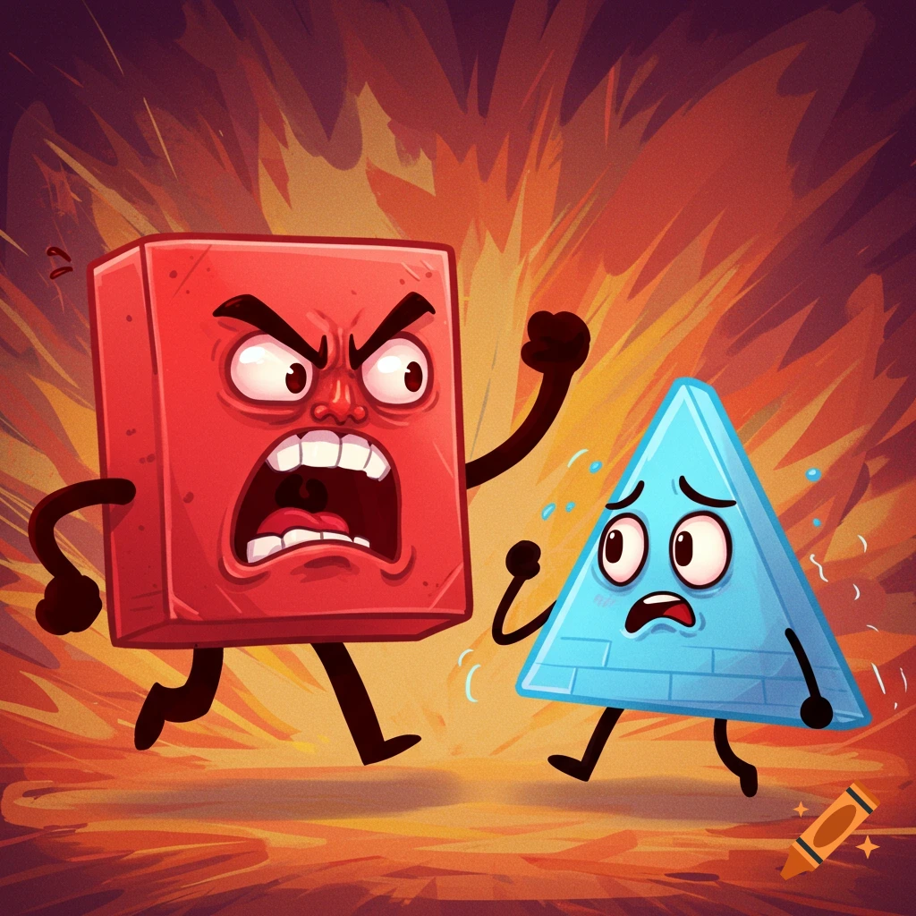 Cartoon red square screams at scared blue triangle against an orange background.