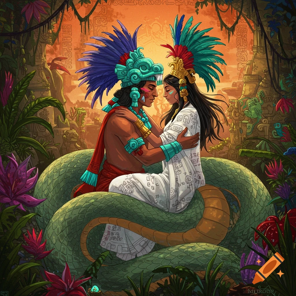 A Mayan couple embracing on a large snake in ancient ruins.