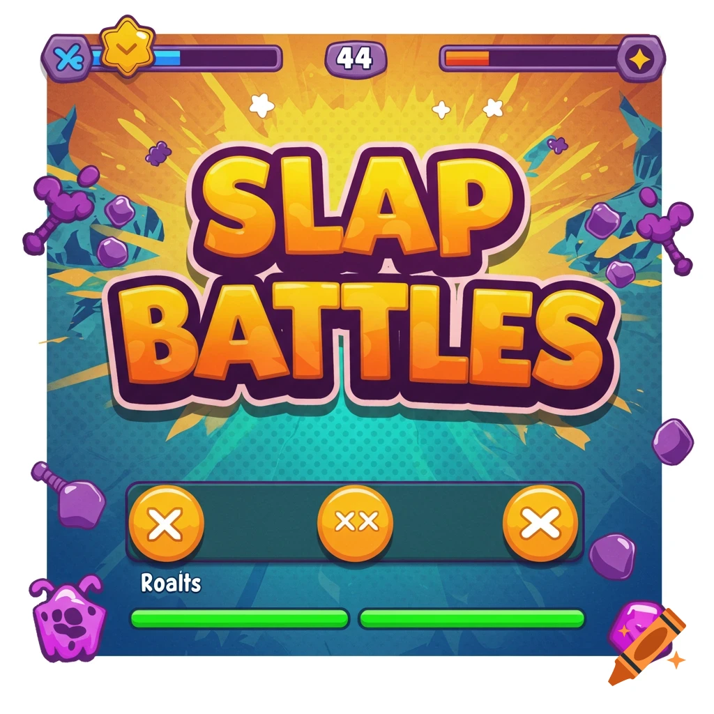 Cartoon video game interface with the title "Slap Battles" and UI elements.