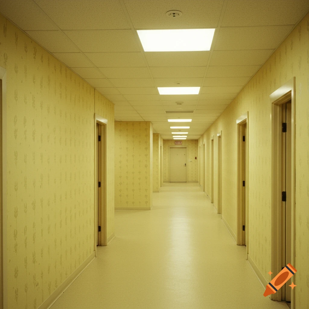 An empty hallway with yellow wallpaper, doors along both sides, and fluorescent lights on the ceiling.