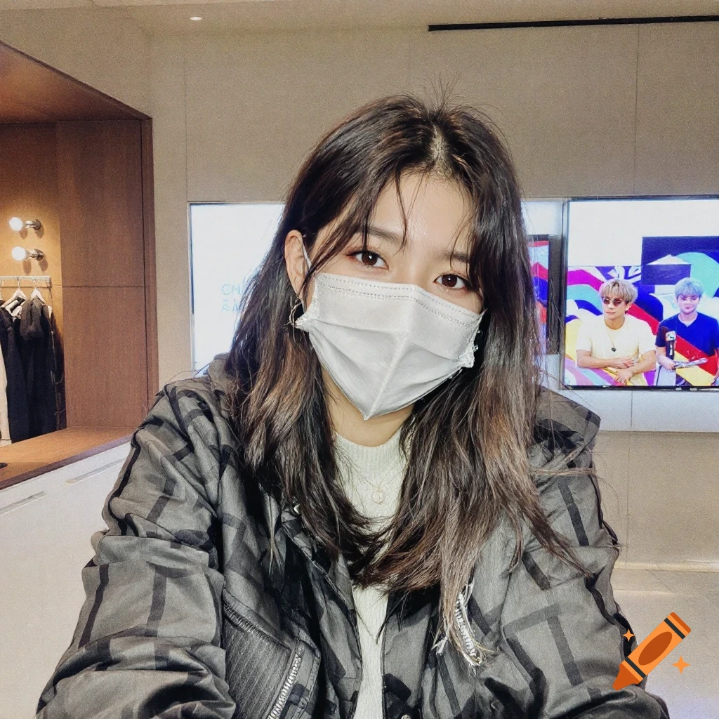 A person wearing a mask and jacket looks at the camera with a TV in the background.