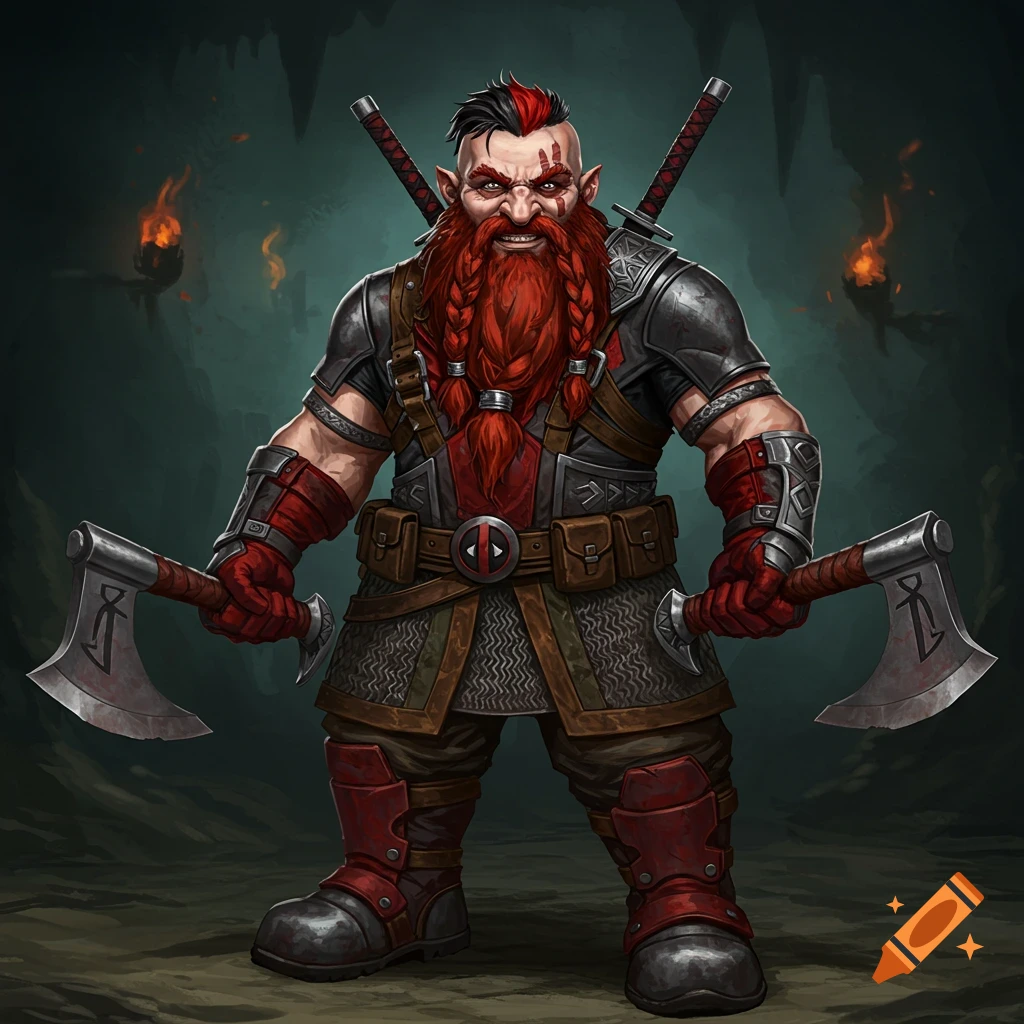a dwarf with red braided beard and mohawk, wearing armor with a Deadpool symbol, holding two hand axes in a cave.