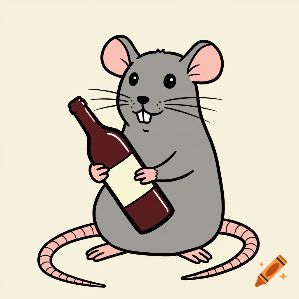 Clip art illustration of a gray rat holding a bottle of wine.