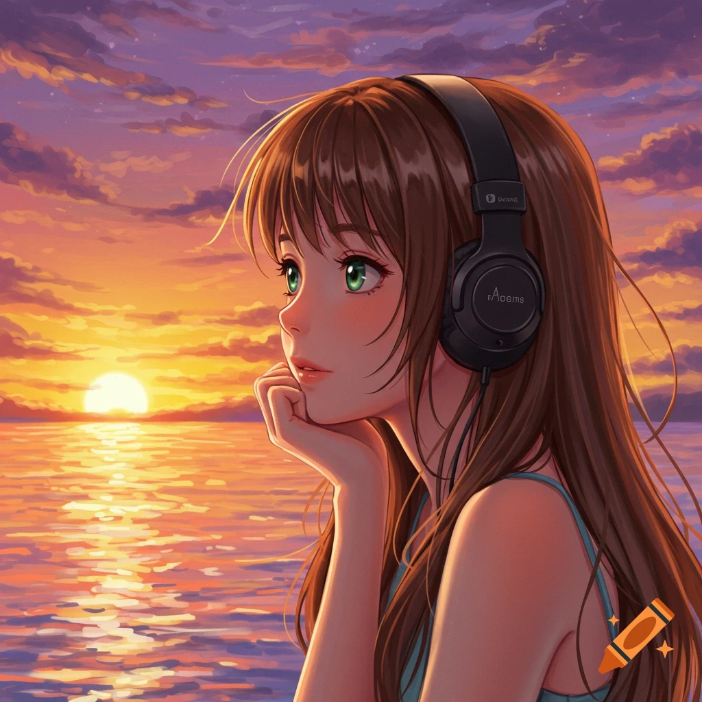 Anime illustration of a girl with headphones watching a sunset over the ocean.
