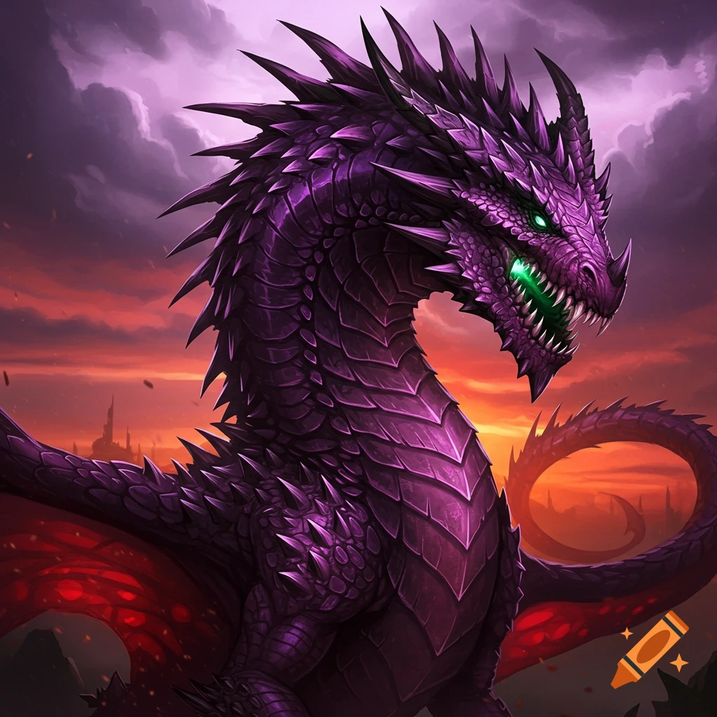 A purple dragon with green eyes against a sunset sky