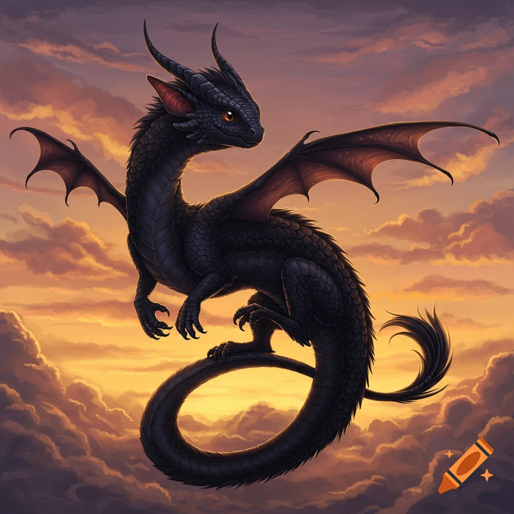 A black dragon with long tail and wings flies through clouds at sunset.