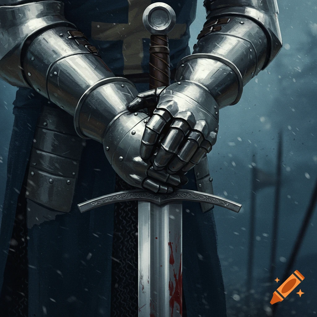 A knight in armor holds a sword in a snowy landscape.