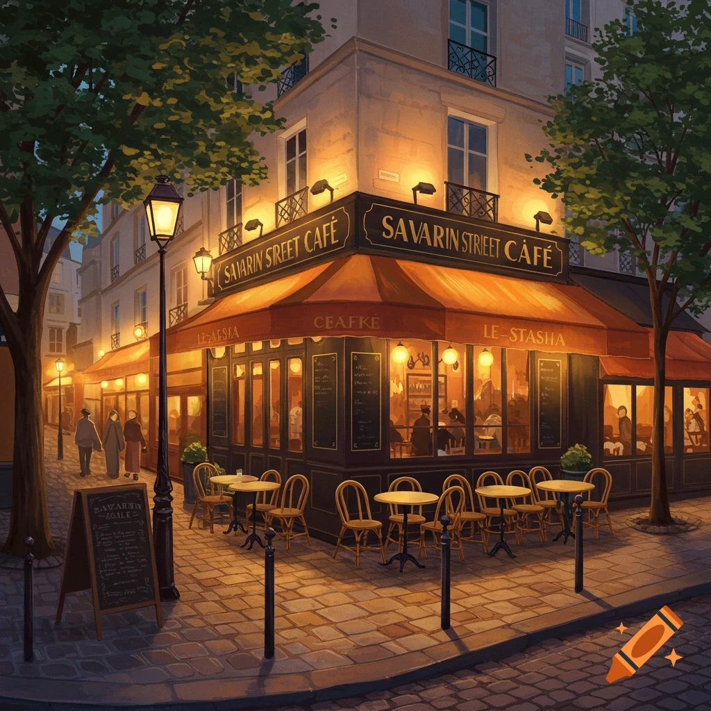 A corner cafe with outdoor seating on a city street at night.