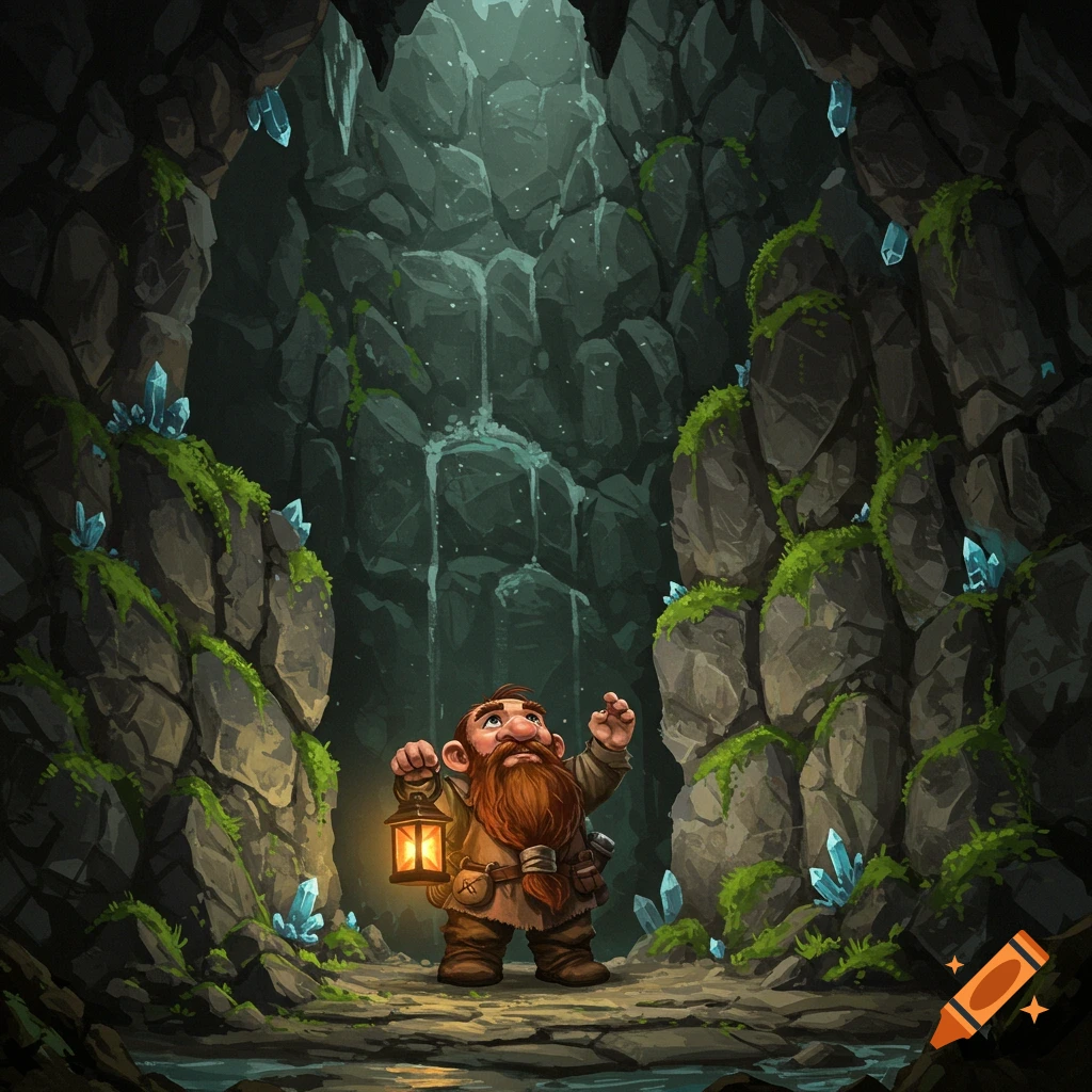 A small dwarf holding a lantern in a dark cave, looking up hopefully.