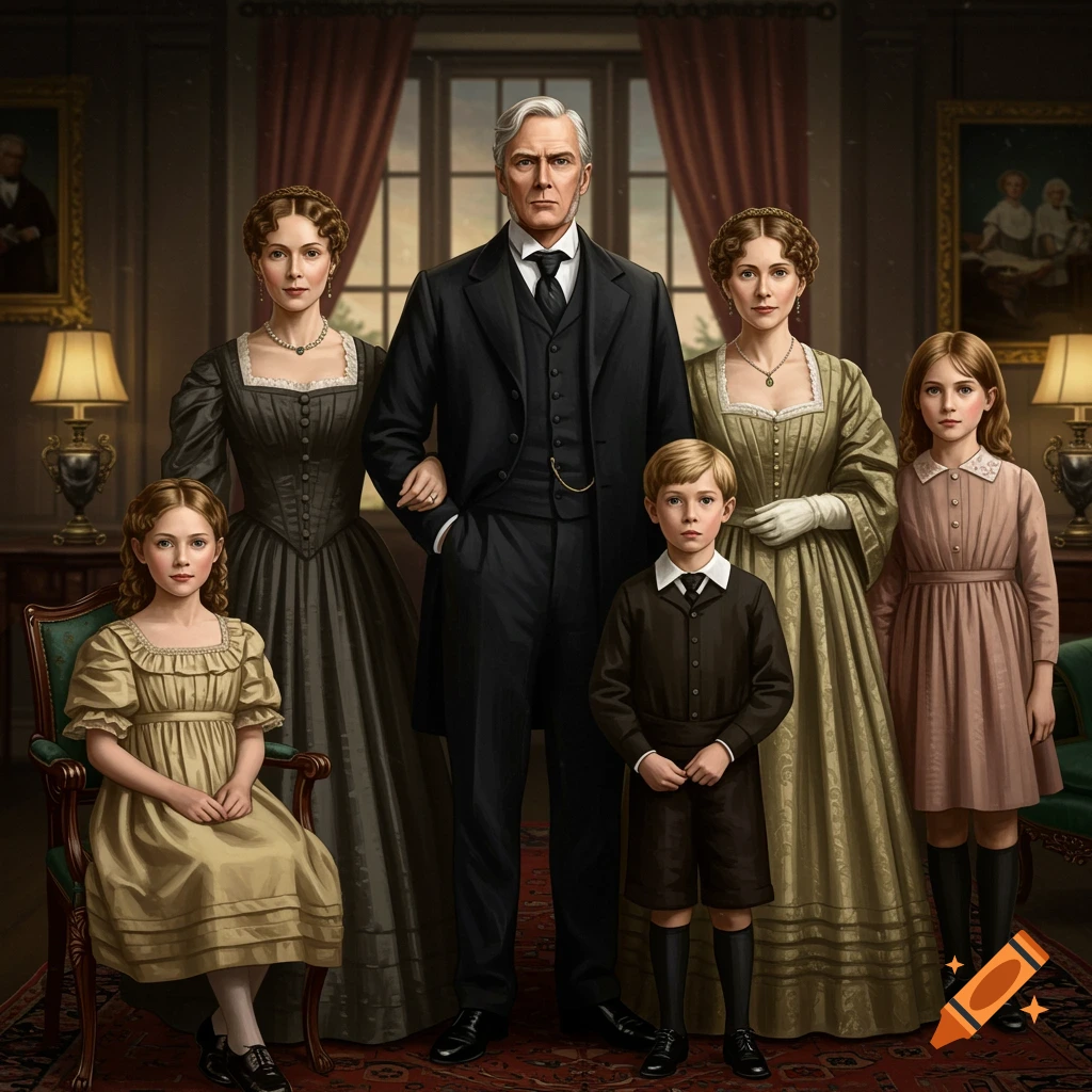 A Victorian-era family portrait featuring a father, mother, and five children.