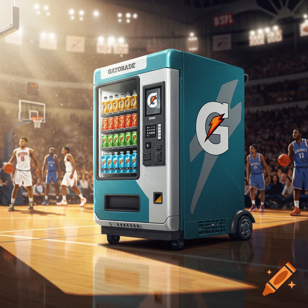 A Gatorade vending machine stands on a basketball court amidst players