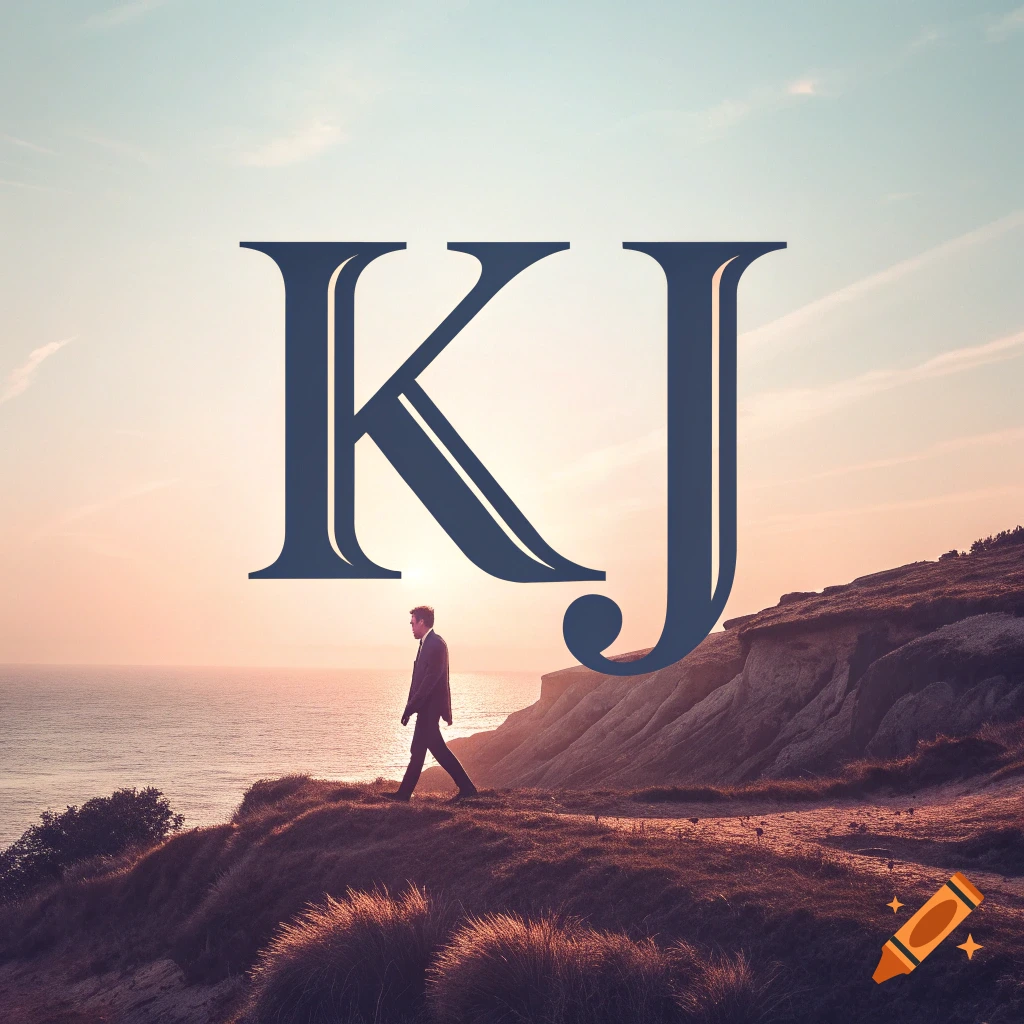 Large letters KJ overlaid on a photorealistic image of a man walking on a cliff at sunset.
