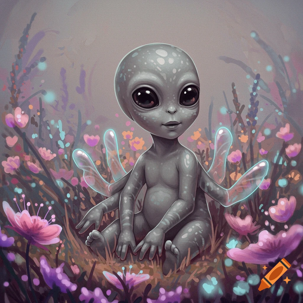 A cute alien child with extra limbs sitting in a field of colorful fantasy flowers.