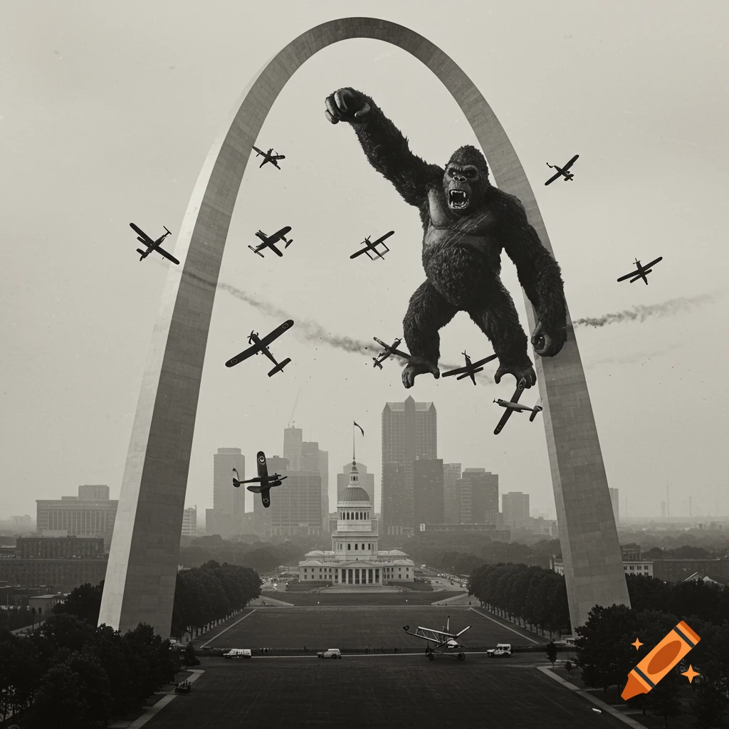 Black and white image of King Kong on the St. Louis Arch fighting vintage airplanes.