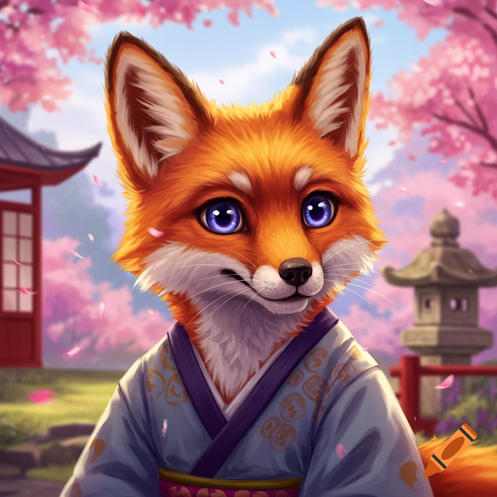 Cute anthropomorphic fox in a kimono in a Japanese garden with cherry blossoms.
