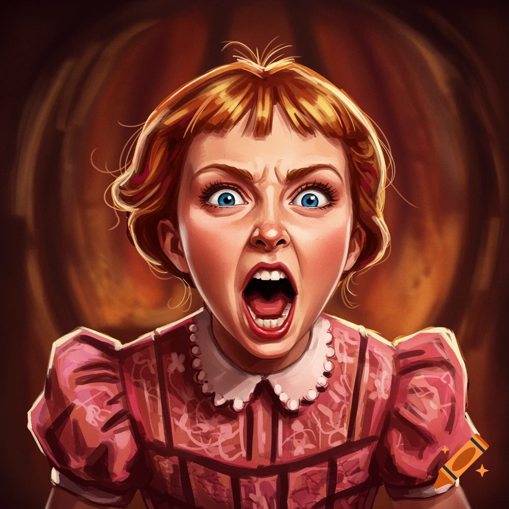 A girl with red hair screaming with her mouth wide open.