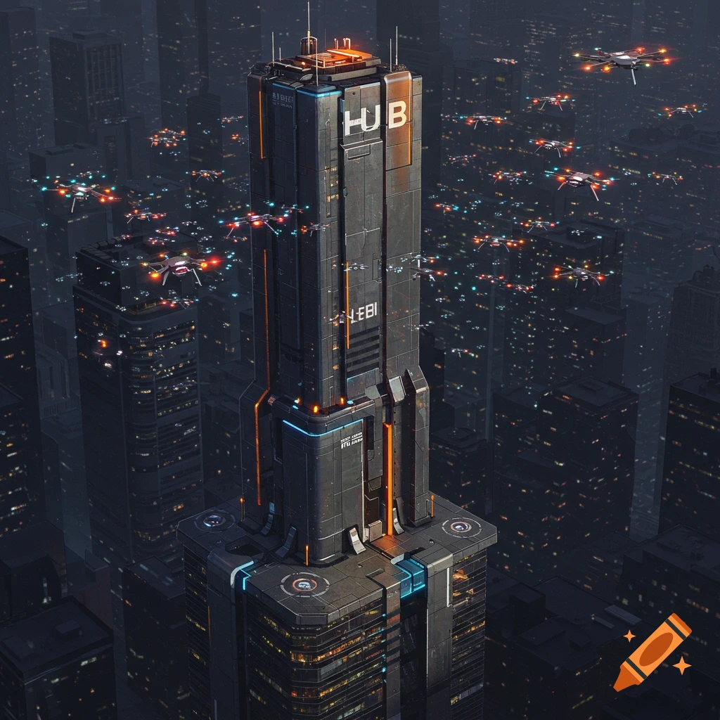 Futuristic city at night with a tall building labeled HUB and many drones flying around it.