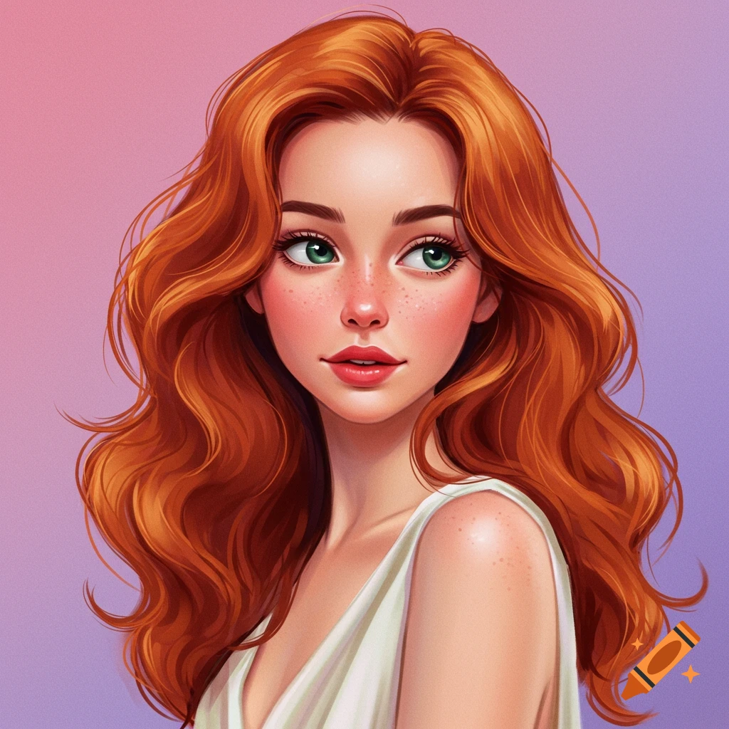 A woman with red hair and green eyes