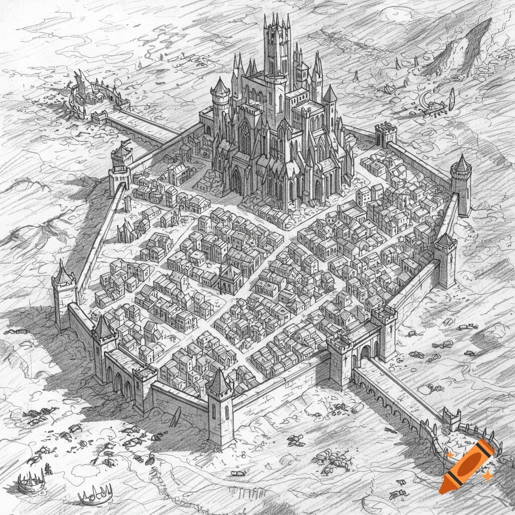 Detailed isometric pencil drawing of a walled fantasy city with a large castle, surrounded by ruins.