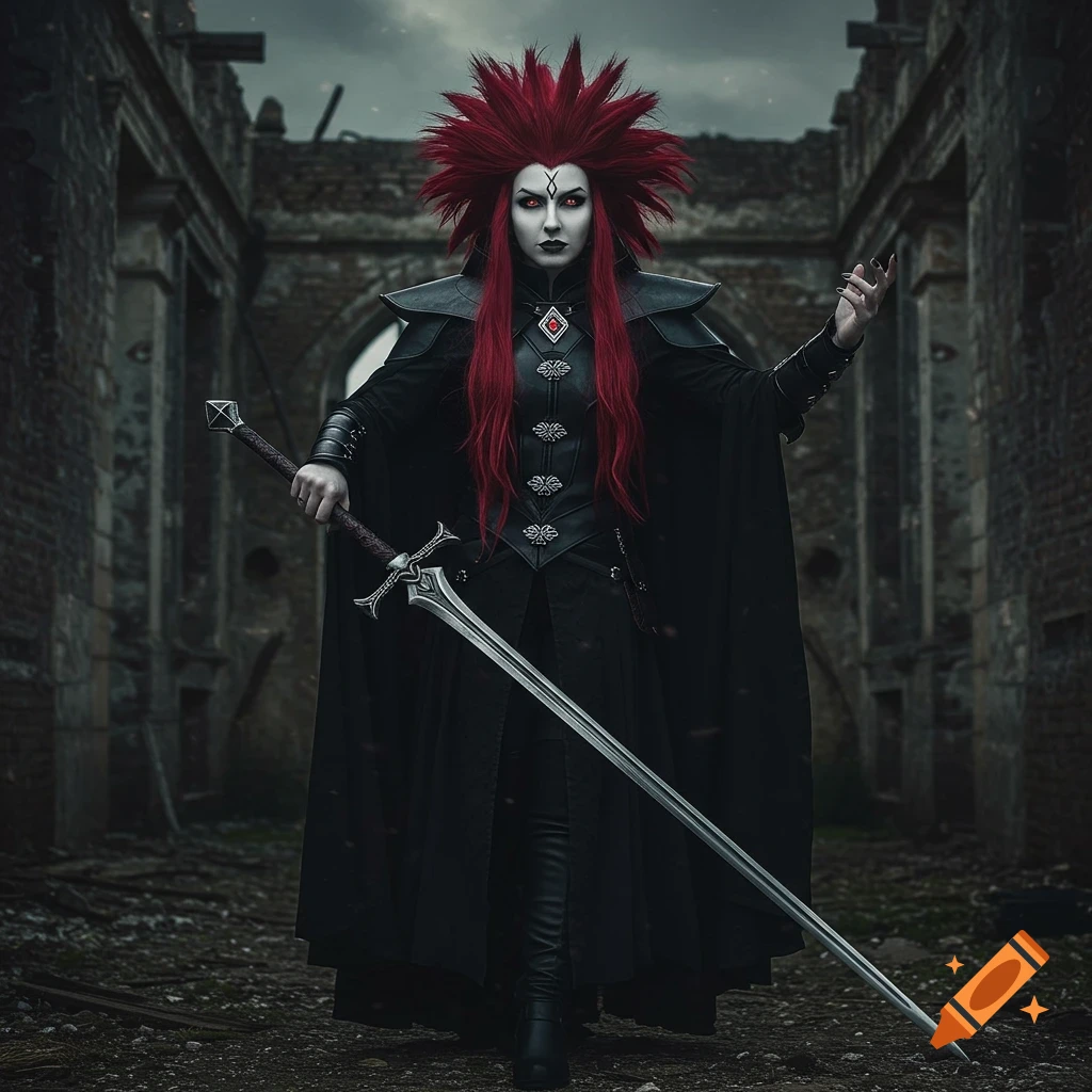 A fantasy warrior woman with red spiky hair and black armor stands in ruins holding a sword.