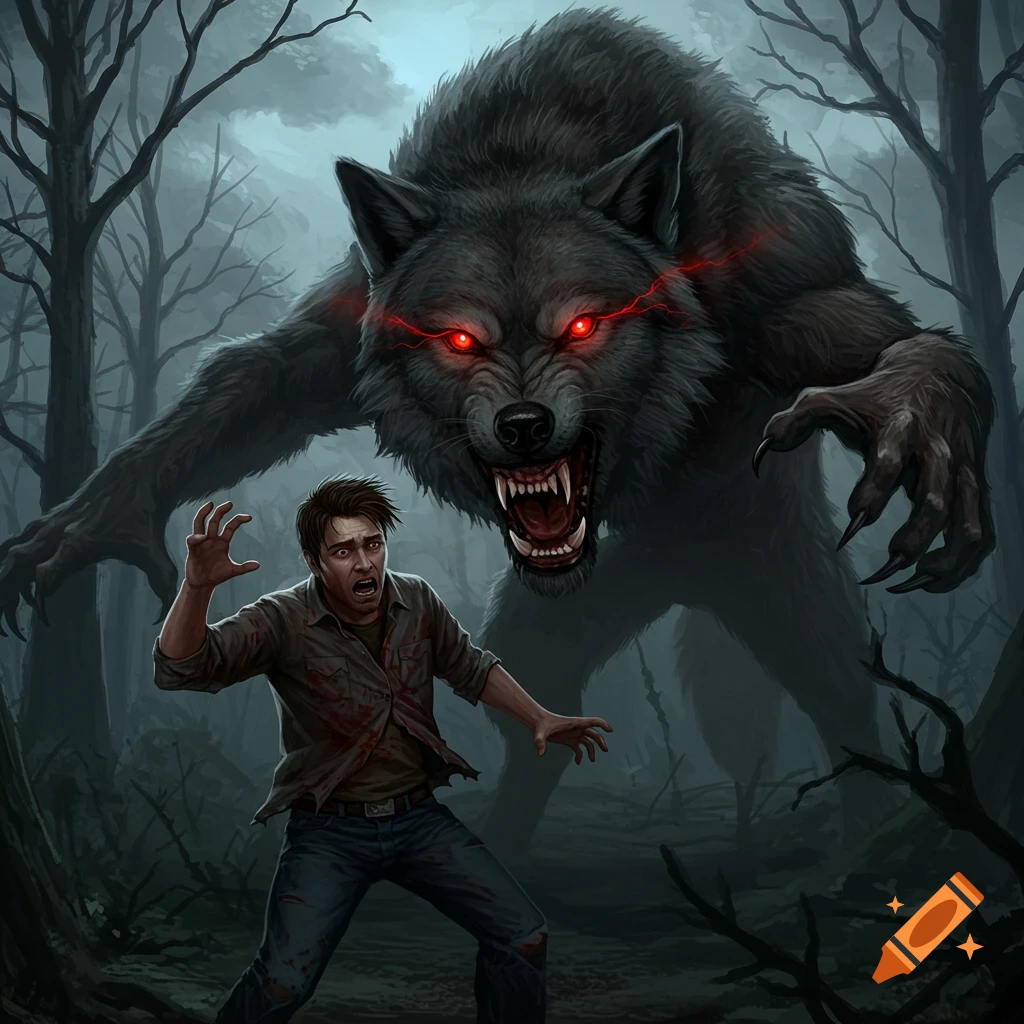 A monstrous werewolf with red eyes attacks a terrified man in a dark forest.