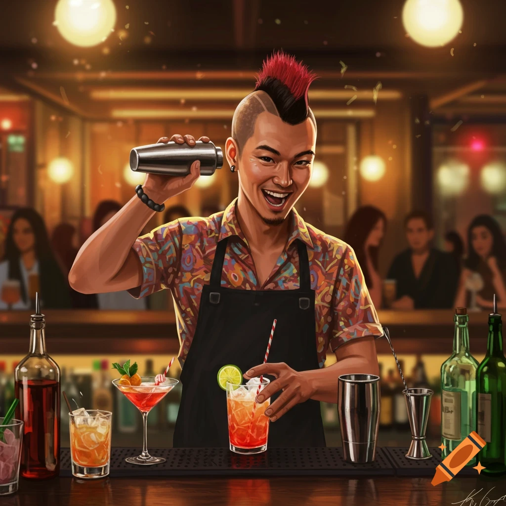A creative bartender with a red mohawk shaking a cocktail behind a bar.