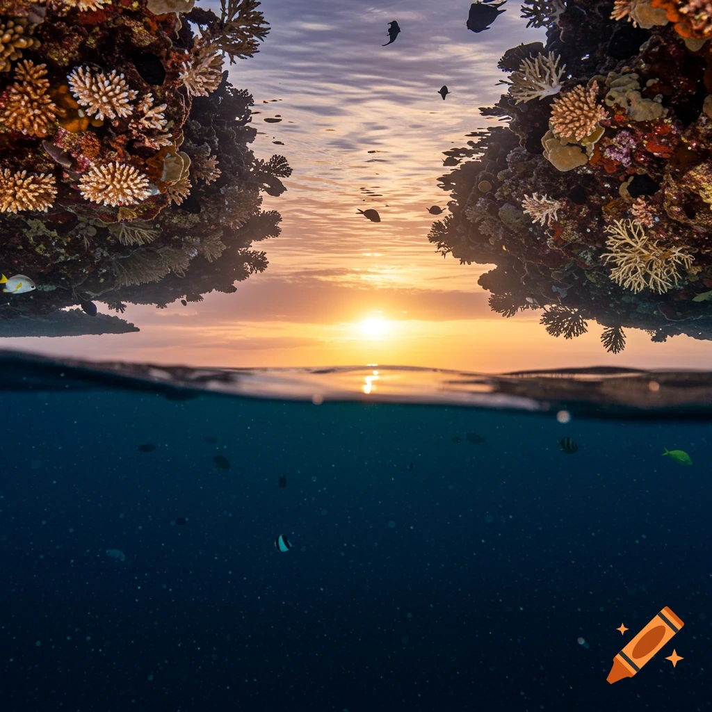 Split view showing coral reefs and fish above a water line with a sunset sky, and deeper dark blue water below the line.