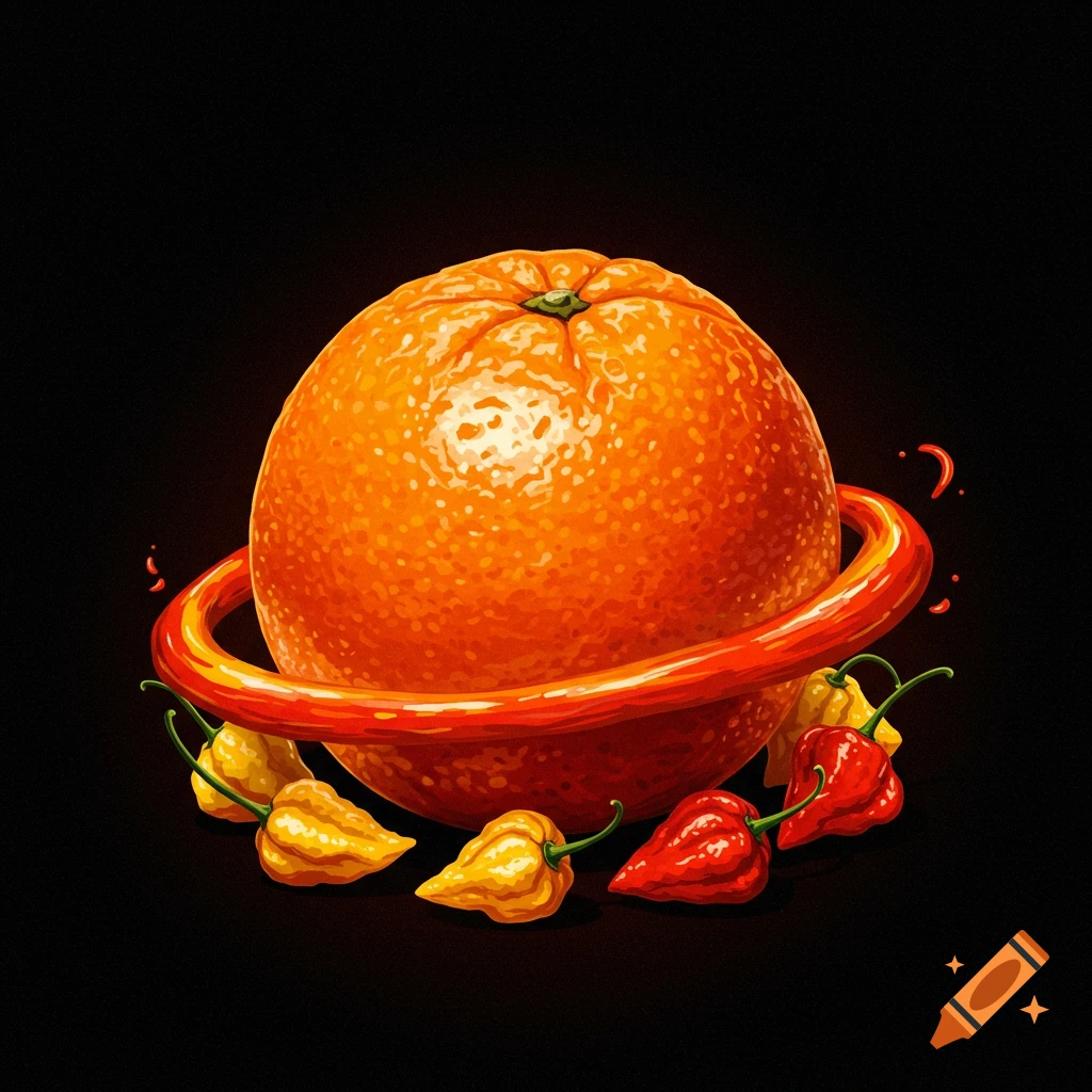 Still life of an orange with a red pepper ring, surrounded by red and yellow peppers on black.