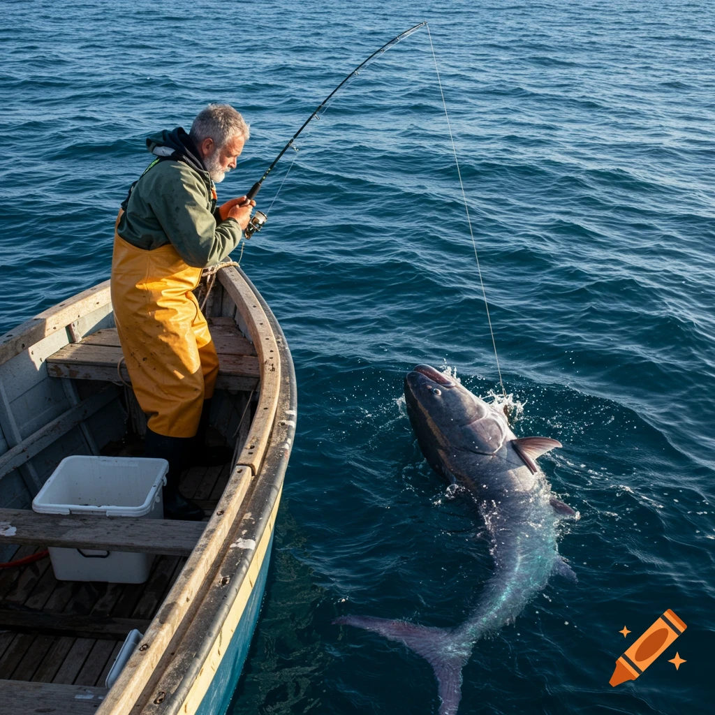 A realistic photograph of a fisherman in a boat catching a large fish at sea.