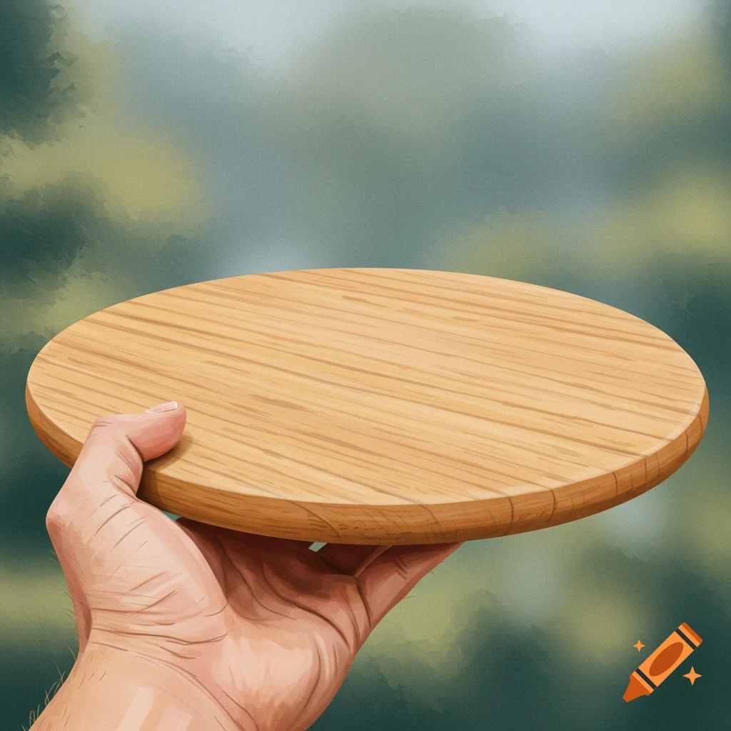 A hand is holding an empty round wooden board