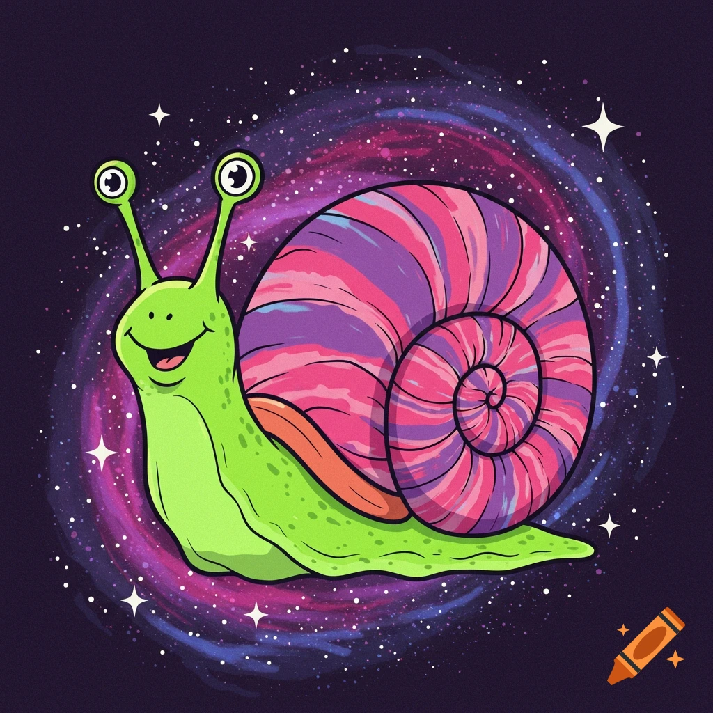 A cartoon snail with a colorful shell floats in space surrounded by stars.