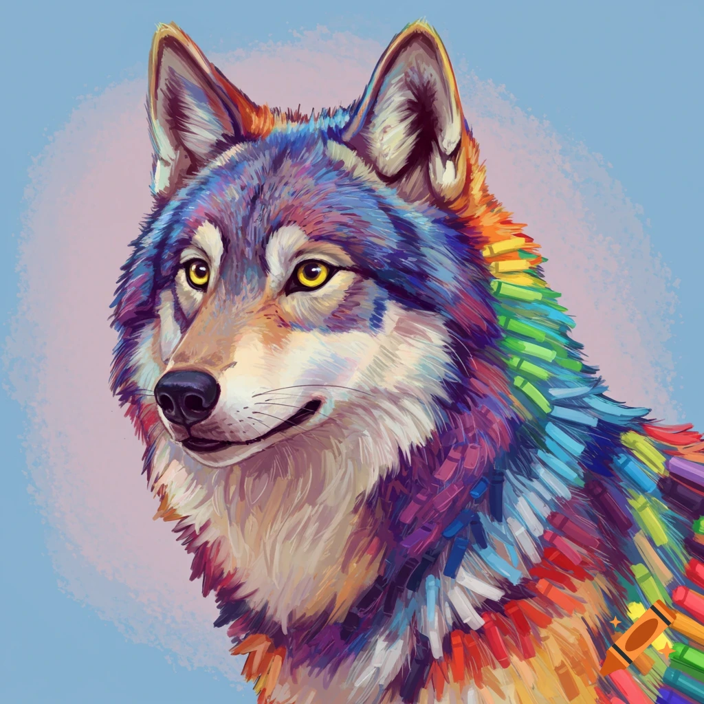 A wolf with rainbow fur resembling markers on a blue background