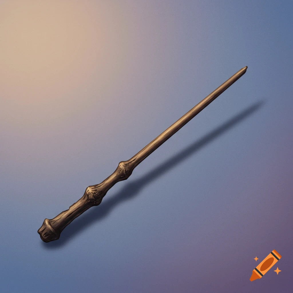 A detailed wooden magic wand on a gradient background