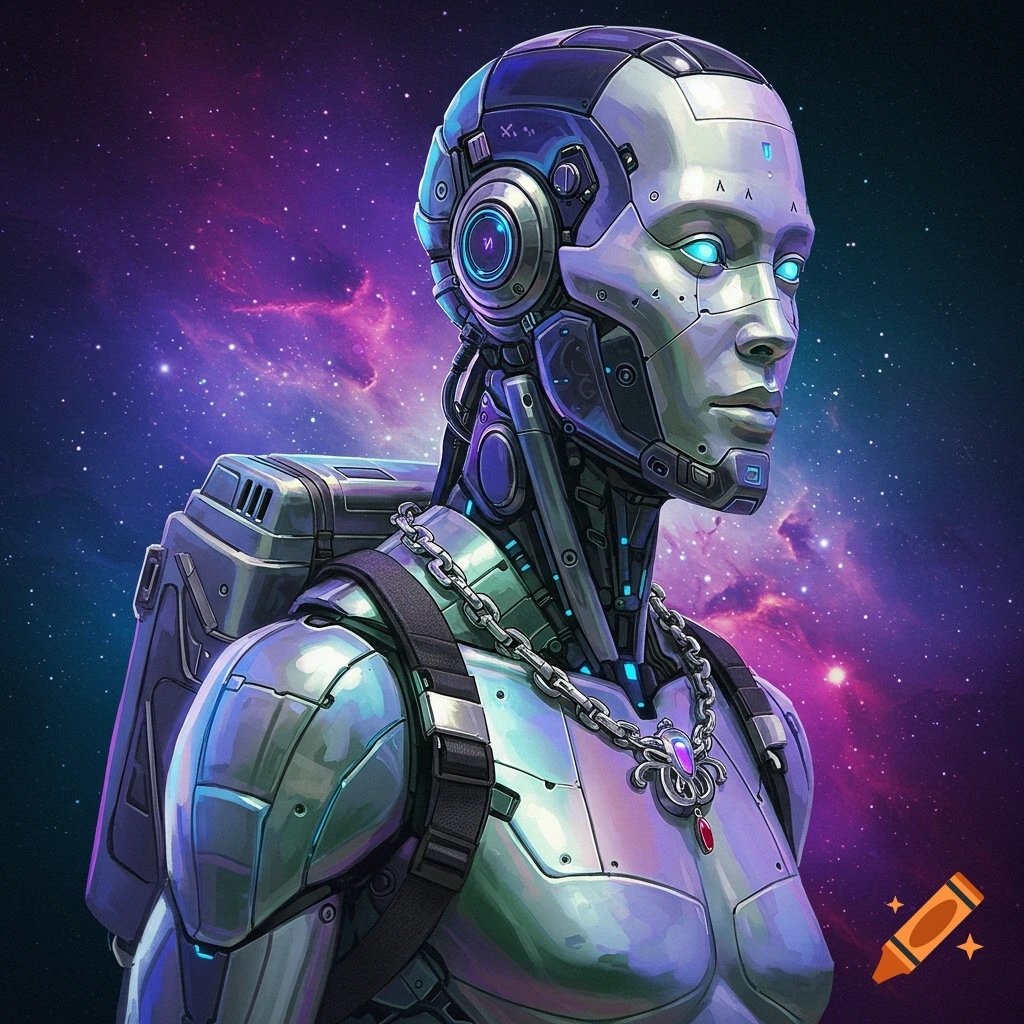 A metallic robot or cyborg with a backpack and necklace stands against a space background.
