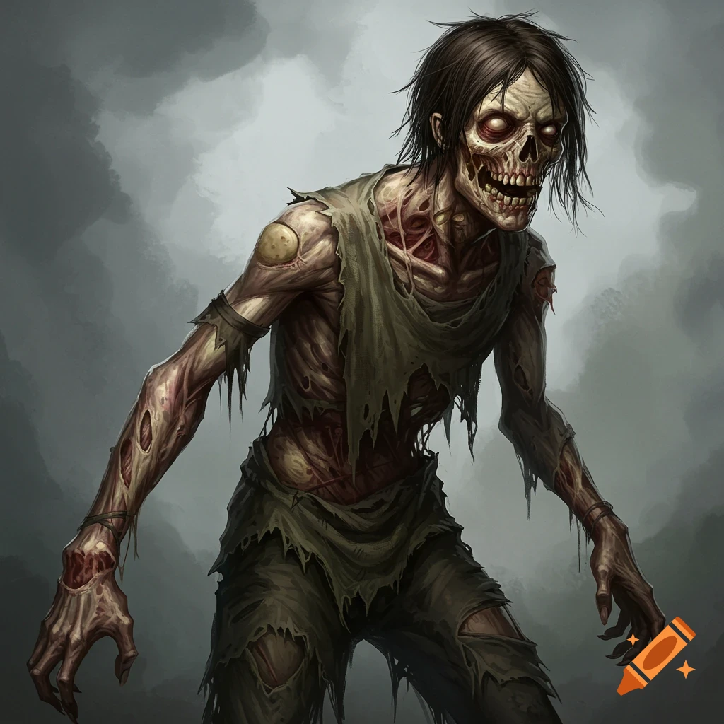 A zombie in tattered clothes with glowing eyes and exposed flesh against a grey background.