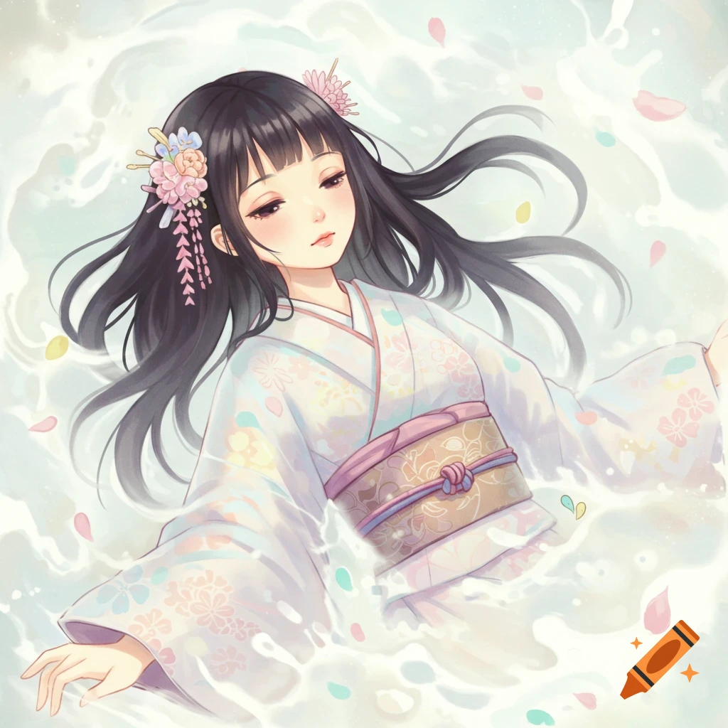 Anime illustration of a Japanese girl in a kimono floating in milk with flower petals.