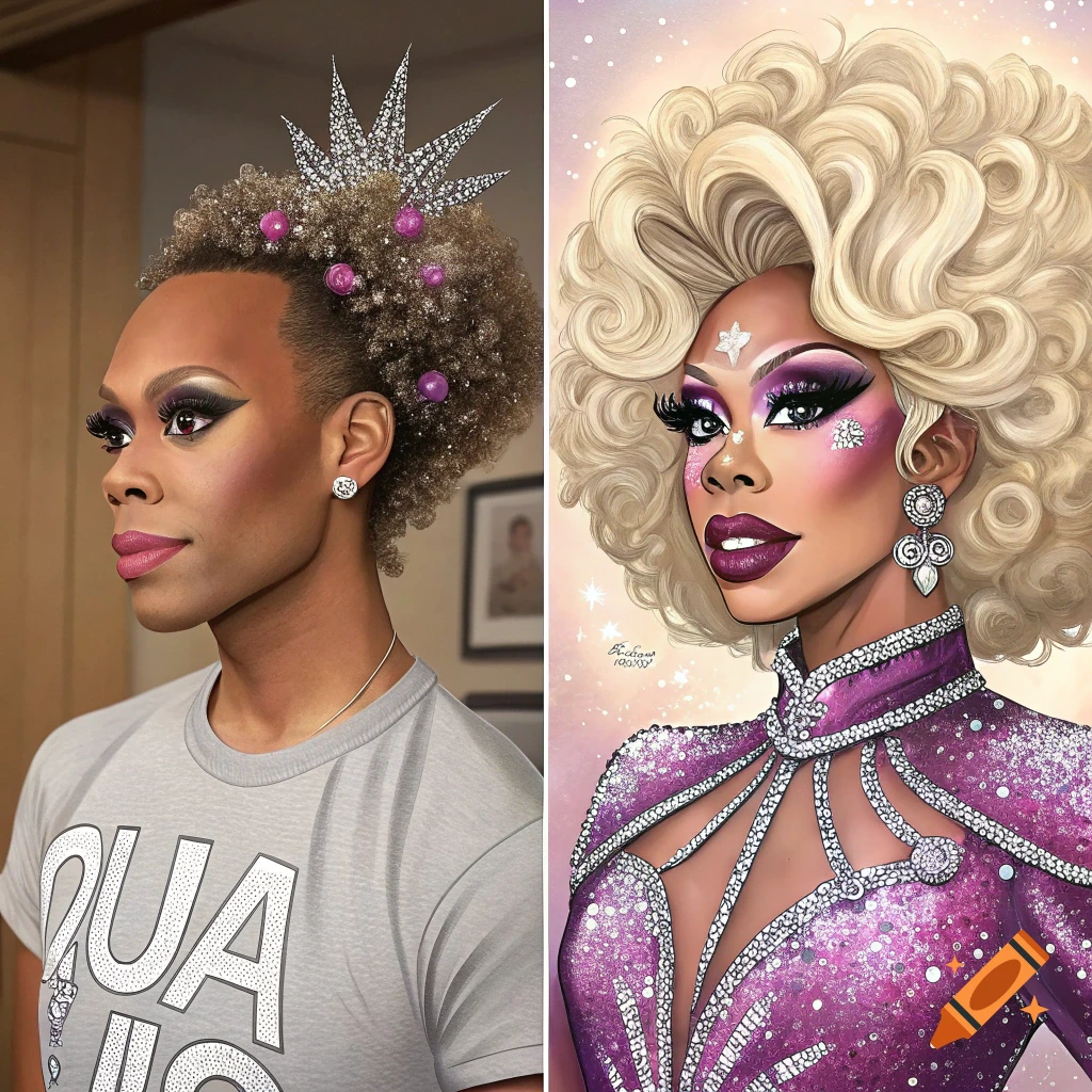 Split image showing a person's transformation into a drag queen, photo on left, stylized illustration on right.